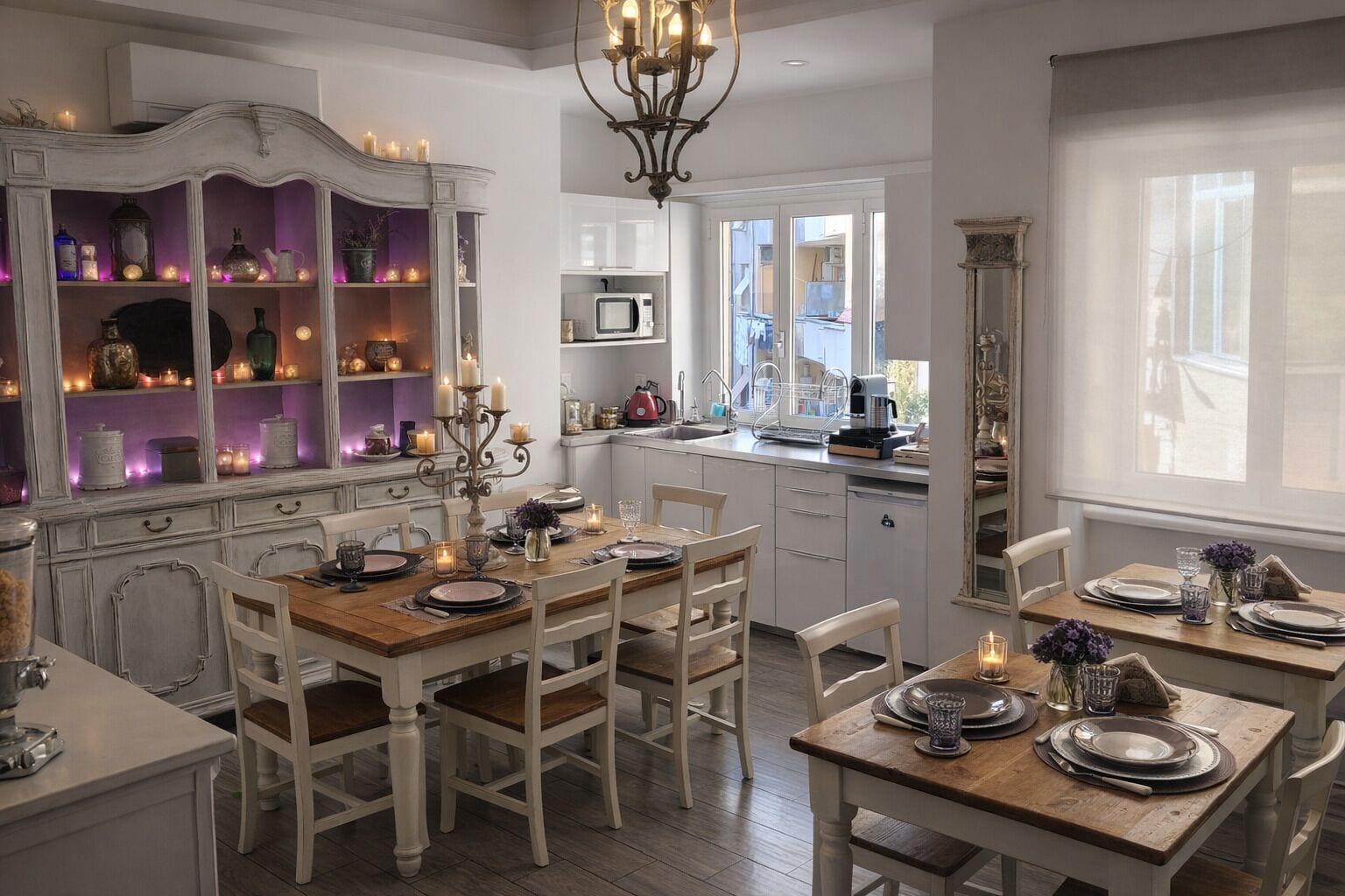 A dining area with a wooden table set for four, white chairs, and a white cabinet with shelves.