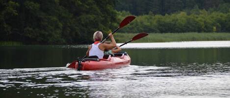 A person kayaking on a lake surrounded by dense forest.