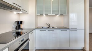 A modern kitchen with a stainless steel cooktop, a coffee maker, and a built-in oven. - Flats For Rent - Aura Spa&Wellness (Gdansk)