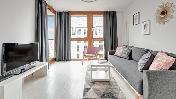 A modern living room with a flat-screen TV on a white stand, a grey sofa with cushions, a white coffee table, and a patterned rug. - Flats For Rent - Aura Spa&Wellness (Gdansk)