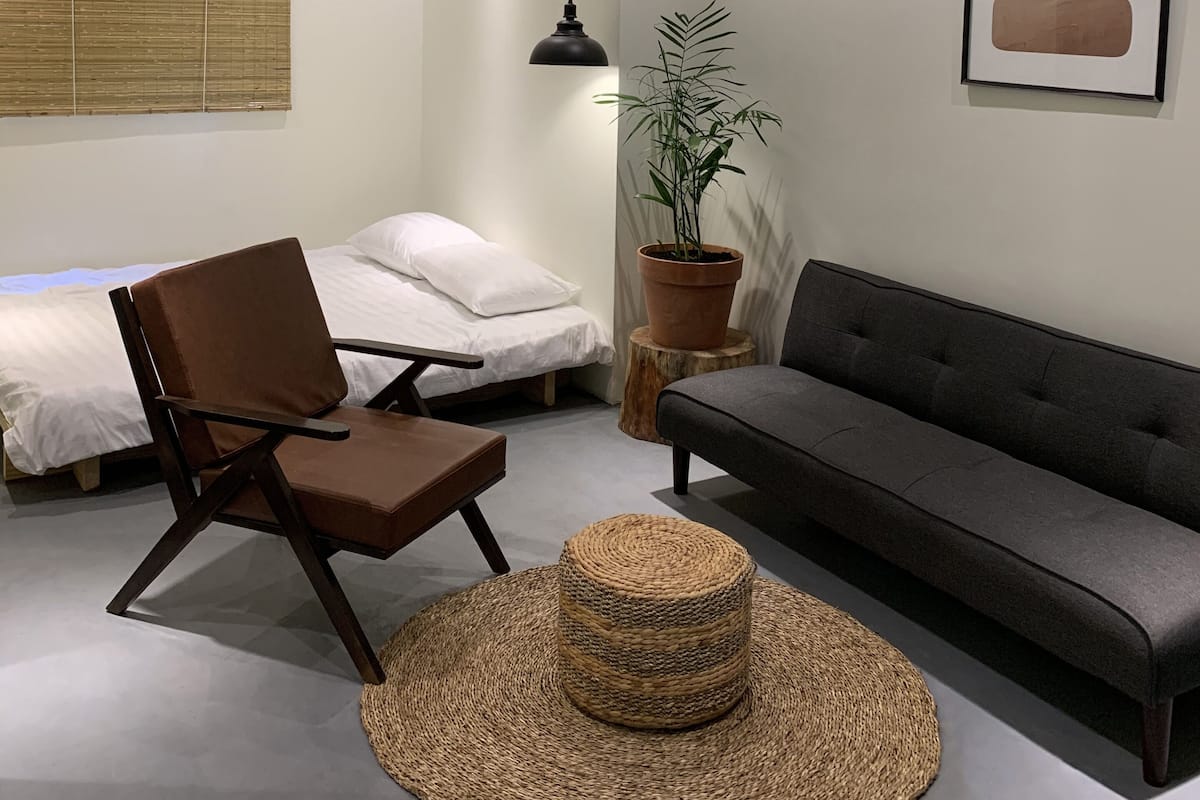 A modern room with a bed, a sofa, a chair, a potted plant, a hanging light, and an air conditioner.