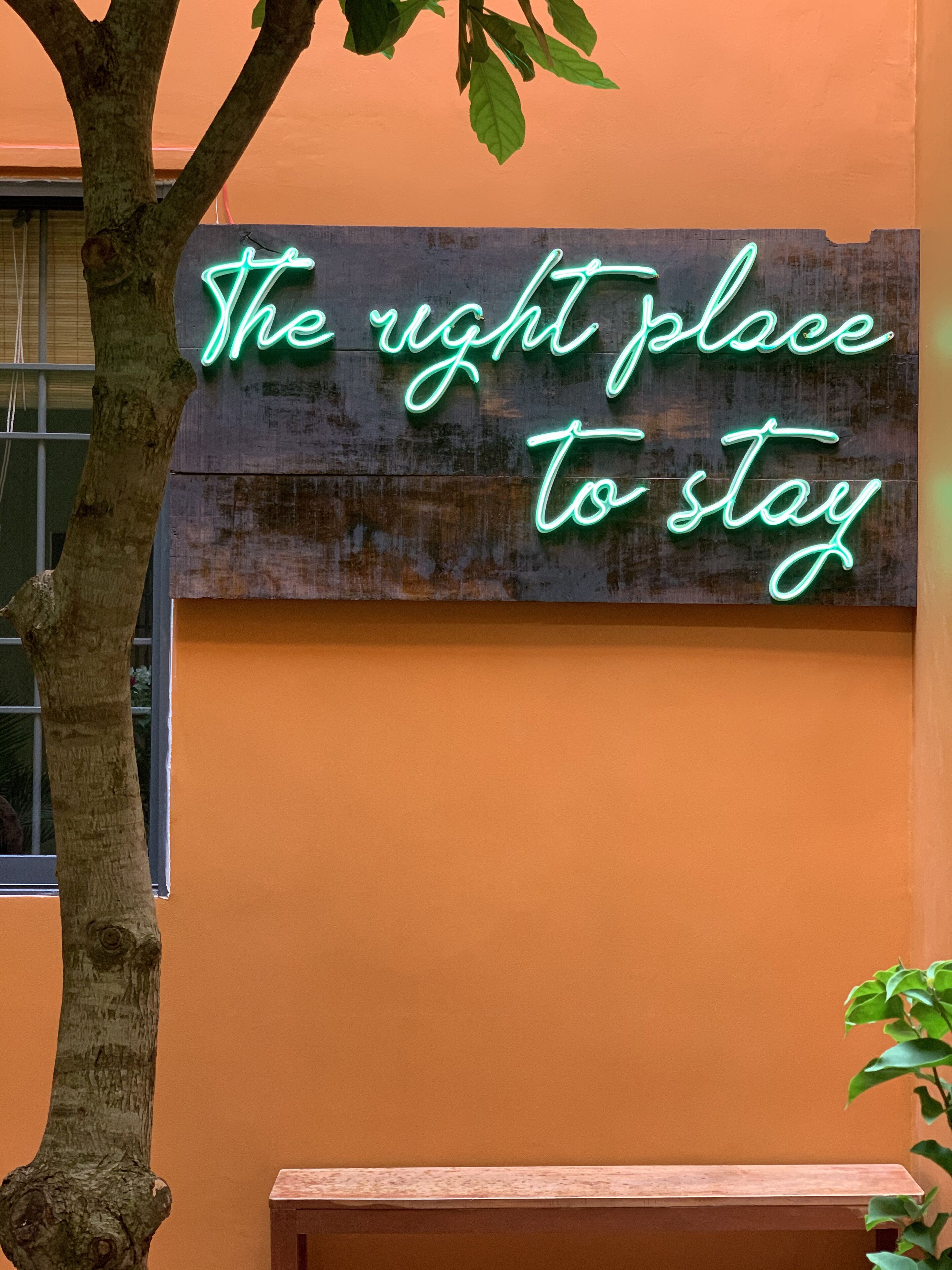 A neon sign on a wall that reads "The right place to stay."