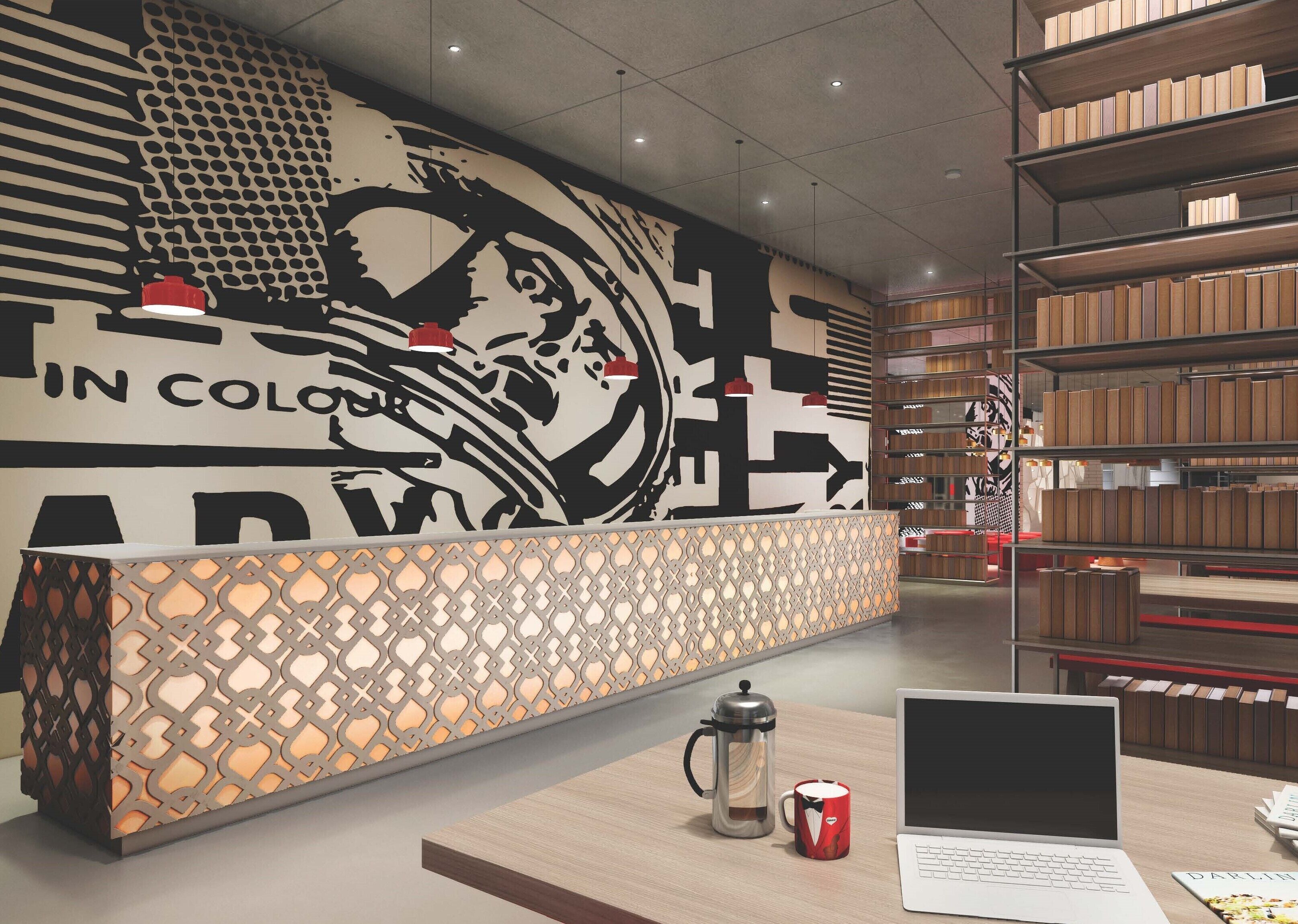 A modern library with a large wall mural, a coffee station, and bookshelves.