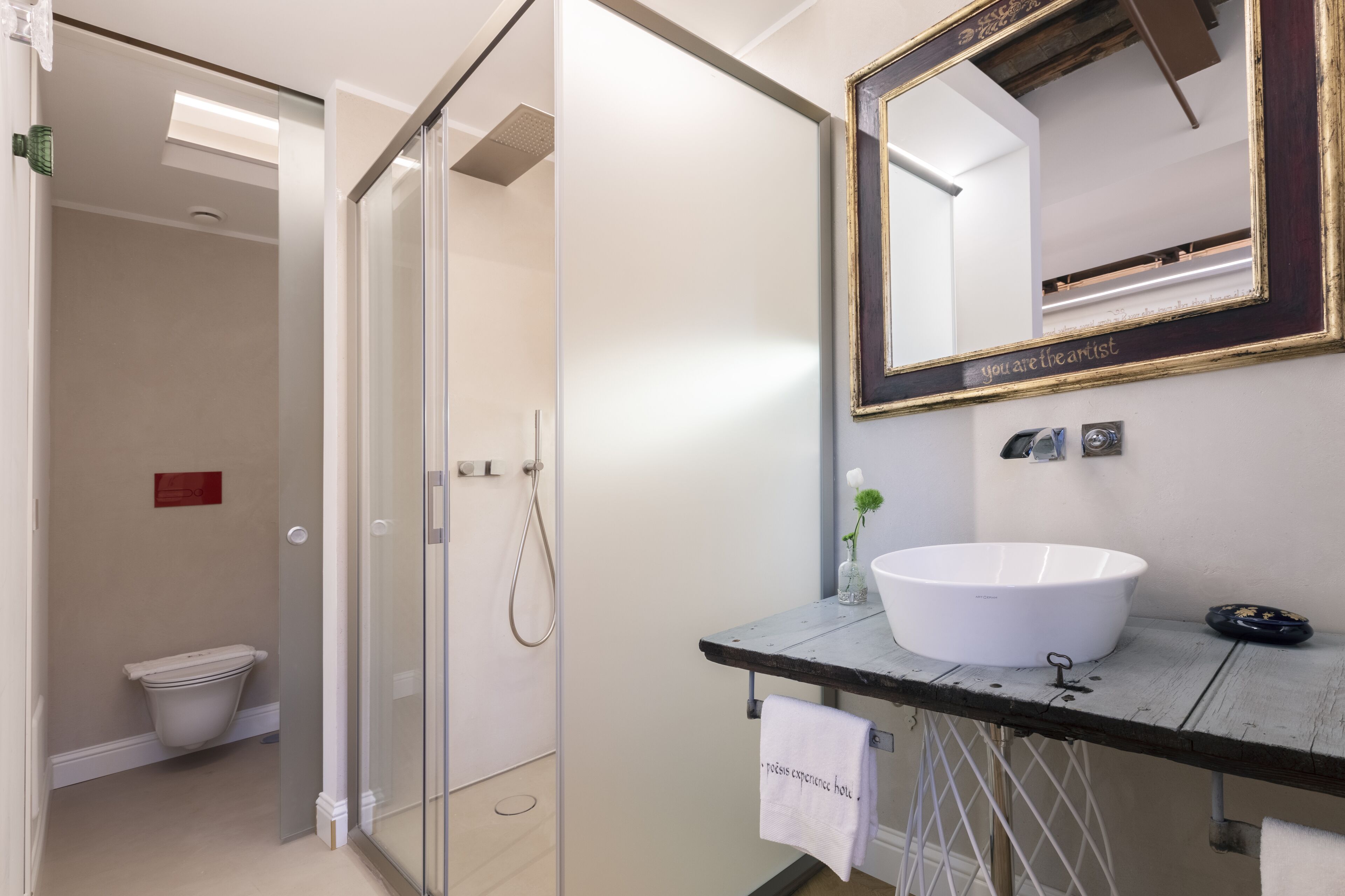 A modern bathroom with a glass shower enclosure, a white sink, and a mirror with a gold frame.