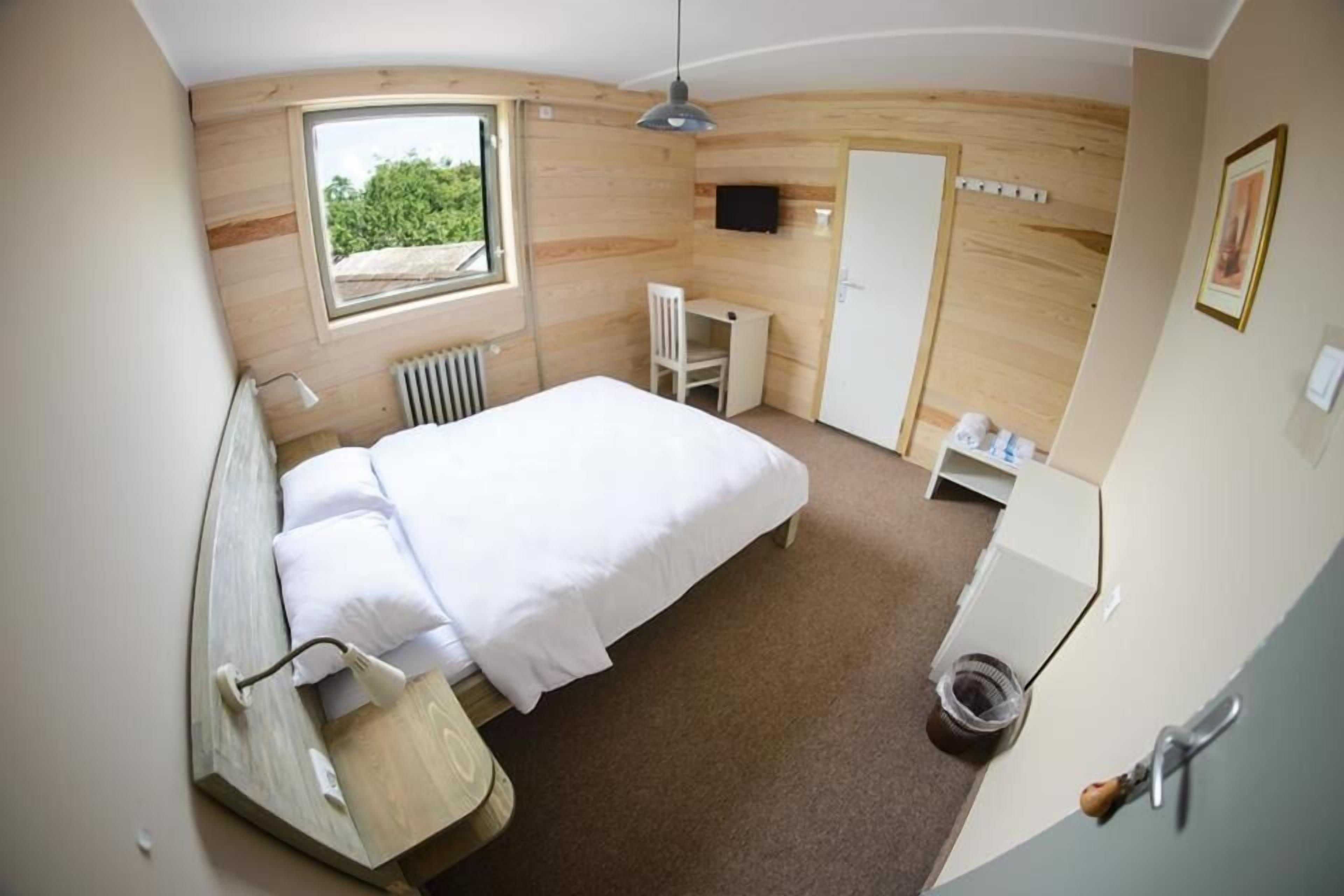 Un dormitorio pequeño con cama, un escritorio, una silla, un radiador, un televisor y una ventana con vistas a zonas verdes.