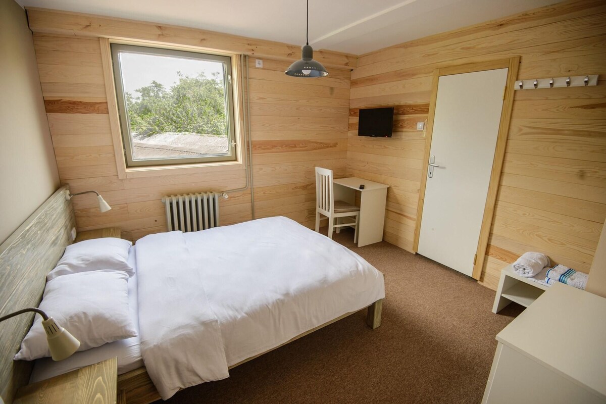 A room with a bed, a desk, a chair, a radiator, a window, and a door.