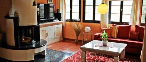 Flat-screen TV, fireplace, books, stereo