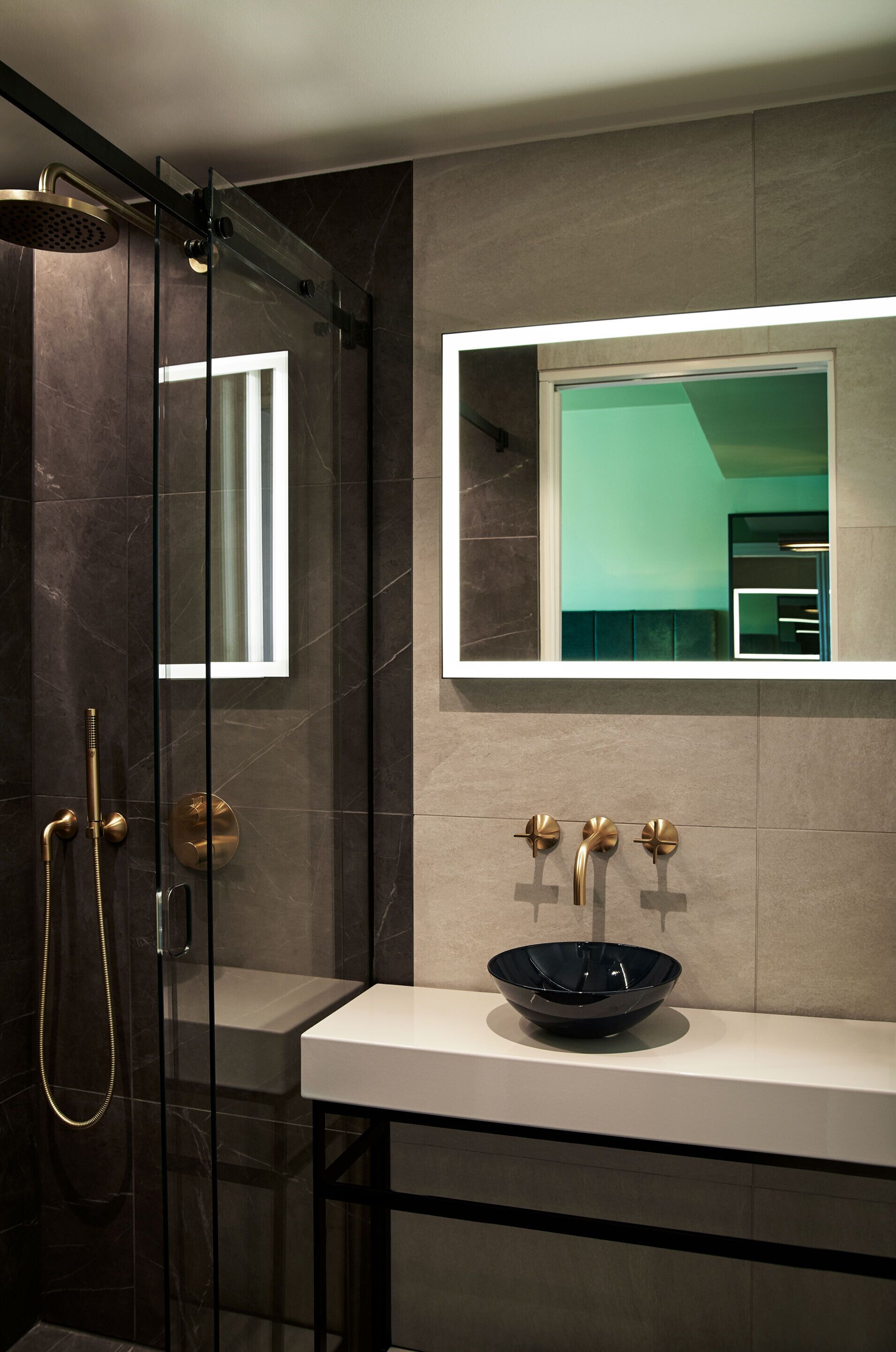 shower, rainfall showerhead, hair dryer, heated floors