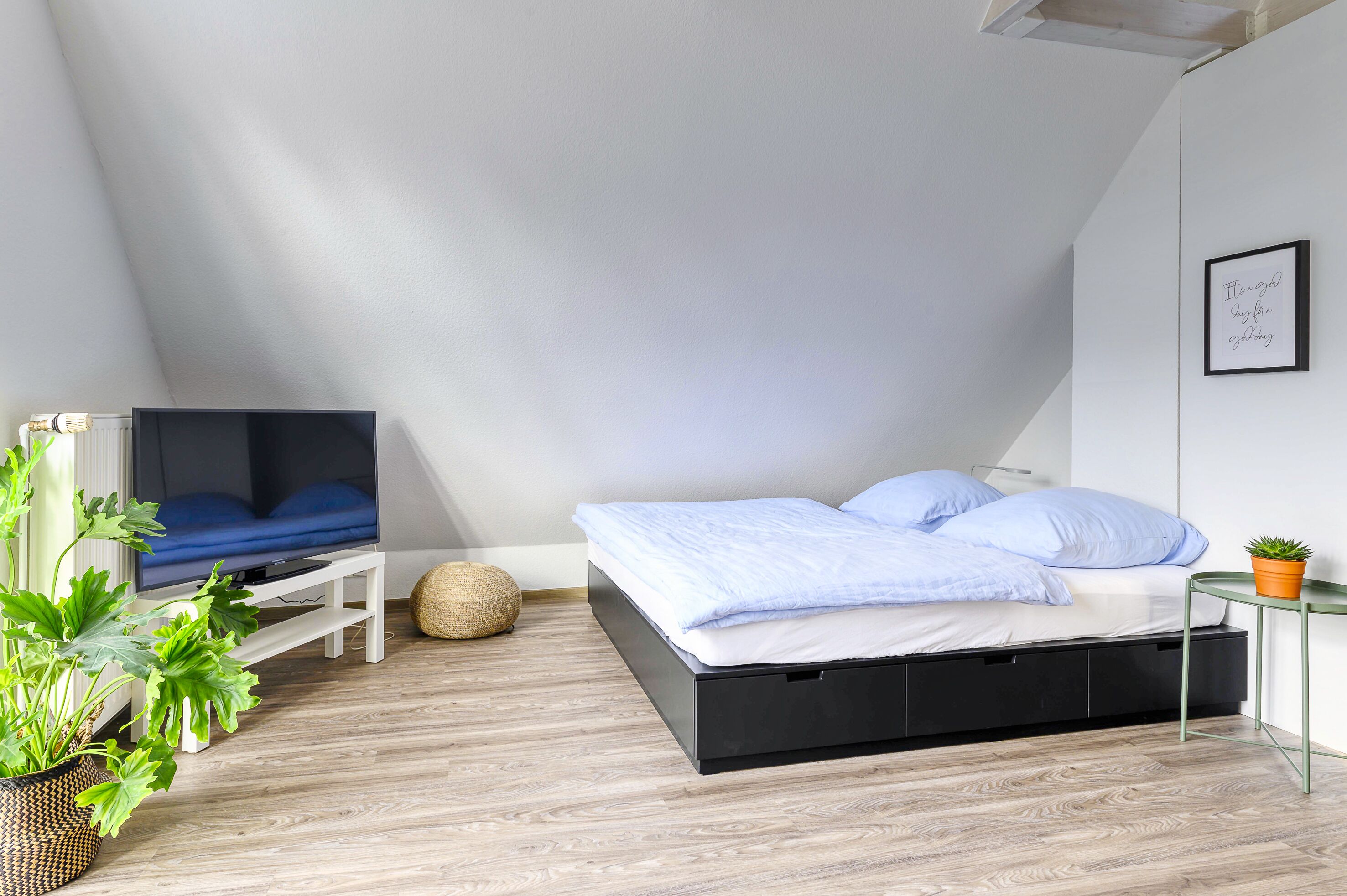 A bedroom with a bed, a TV, a potted plant, and a framed quote on the wall.