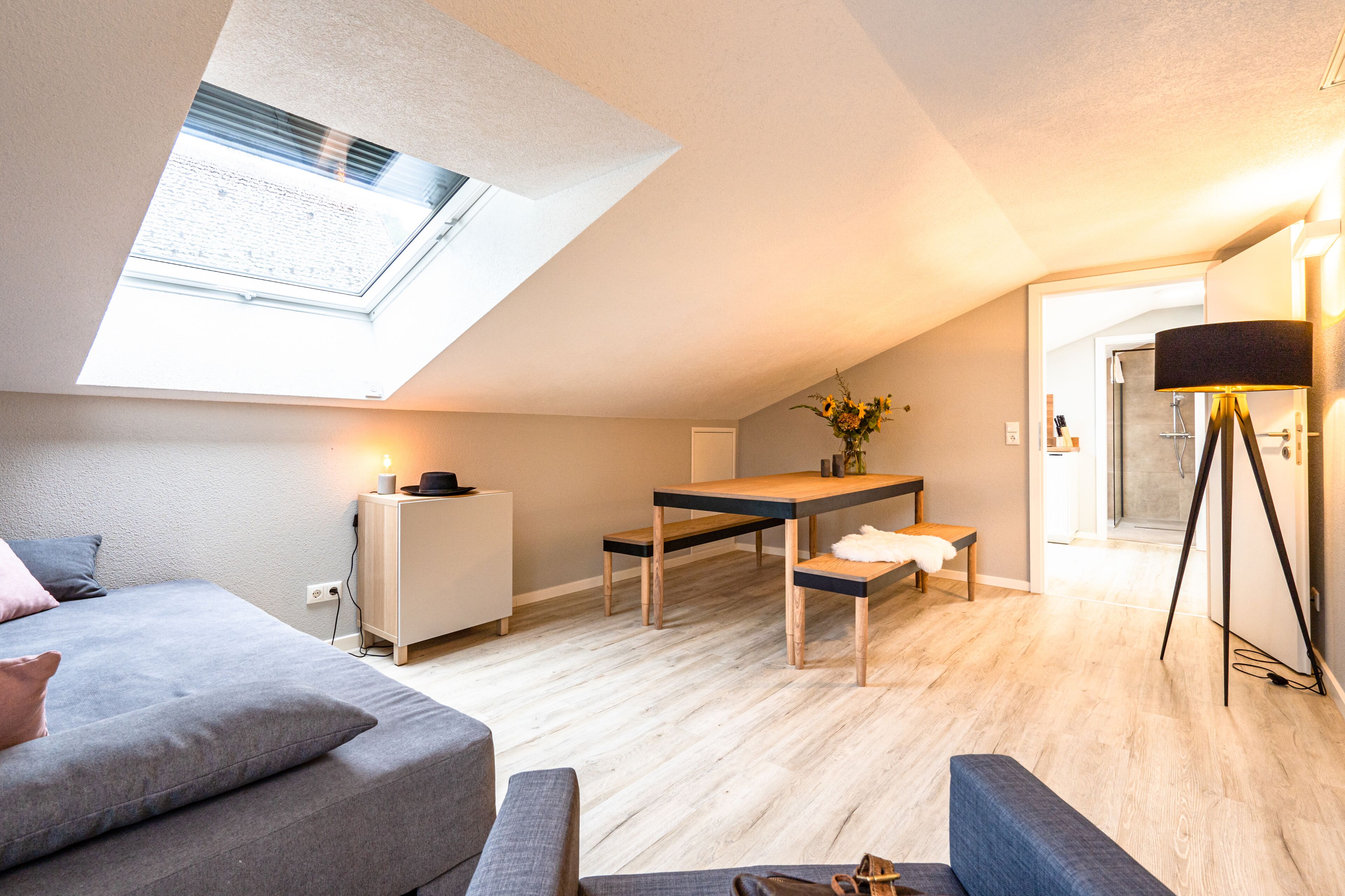A modern bedroom with a skylight, a bed, a desk, and a chair.