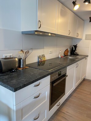Studio | Privékeuken | Een koelkast met diepvriezer, een oven, een kookplaat, een vaatwasser