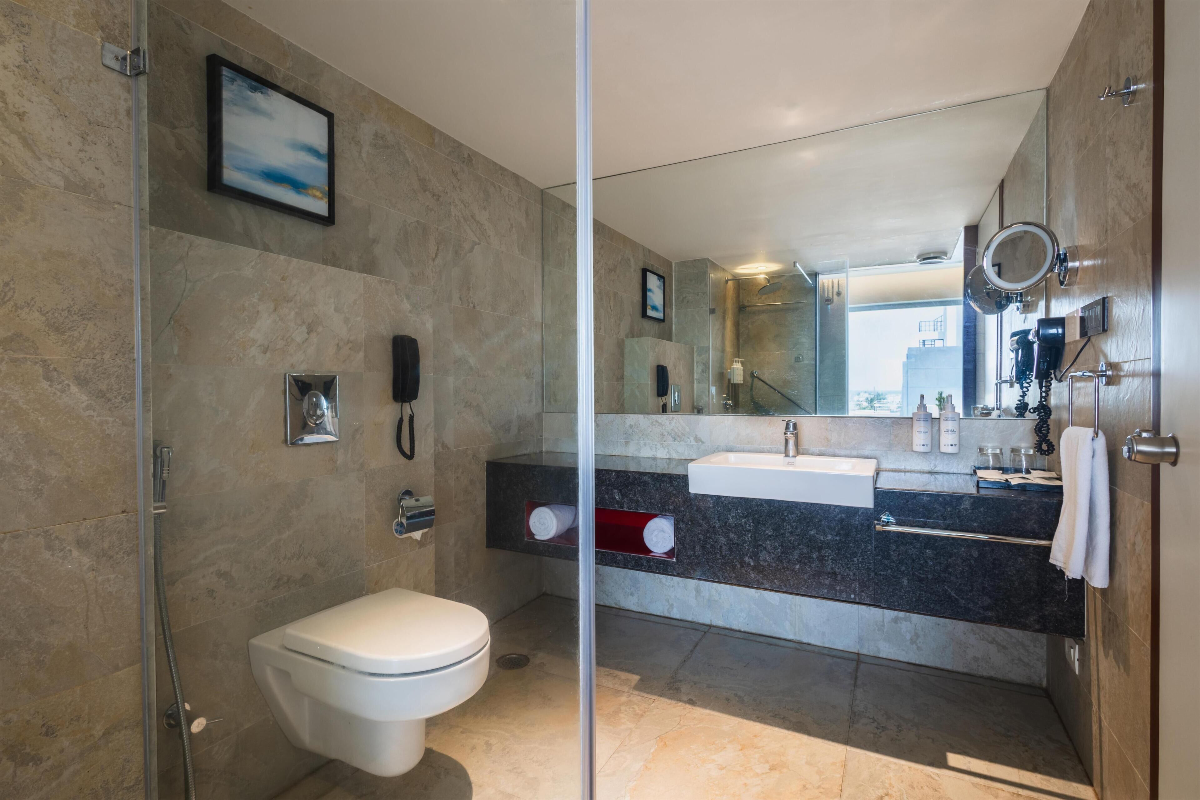 A modern bathroom with a glass shower enclosure, a toilet, a sink, and a vanity with a mirror.