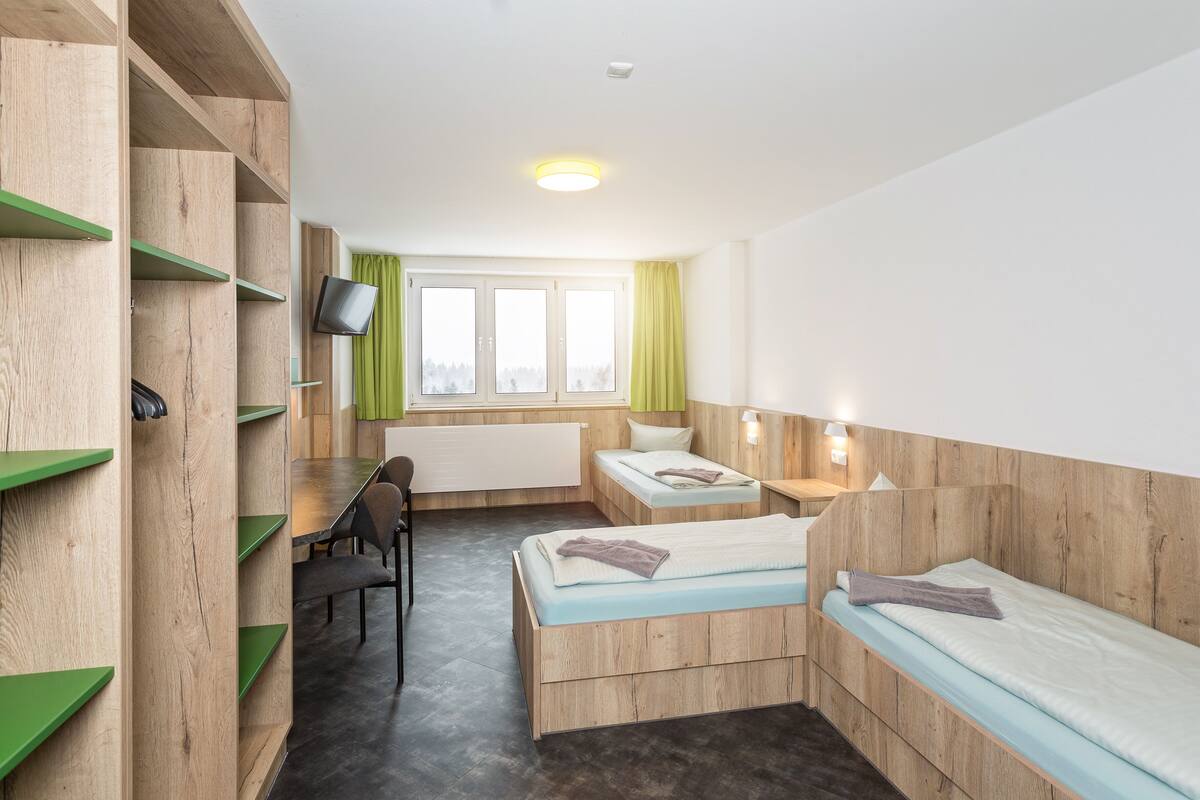 A room with two wooden beds, a desk, a chair, a television, and a window with curtains.