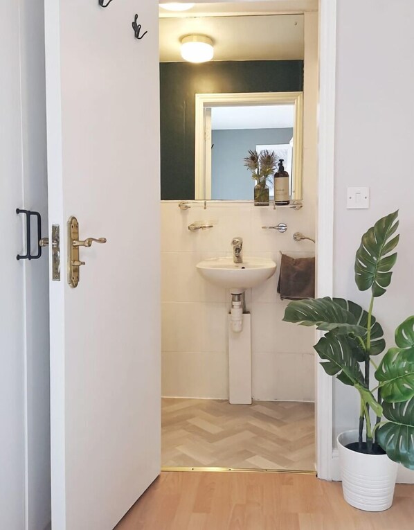 Une salle de bain avec un lavabo blanc, un miroir et une plante en pot.