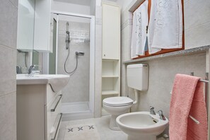 Studio | Bathroom | Shower, rainfall showerhead, bidet, towels