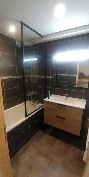 Combined shower/tub, hair dryer