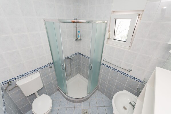 A bathroom with a glass-enclosed shower, a toilet, and a sink.