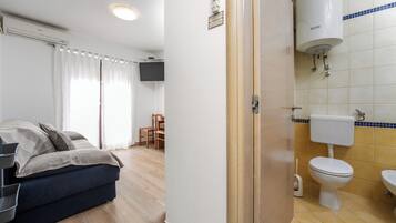 Shower, hair dryer, bidet, towels
