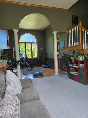 Smart TV, fireplace, video games, DVD player