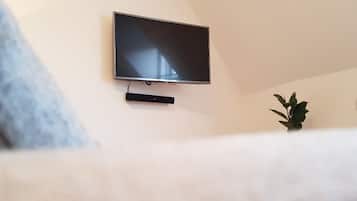A flat-screen TV mounted on a wall, a potted plant, and a couch.