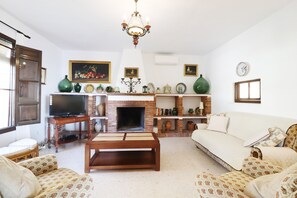 A living room with a fireplace, sofa, television, and various decorative items.