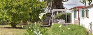 A garden with a white house, a pergola, and a table and chairs.