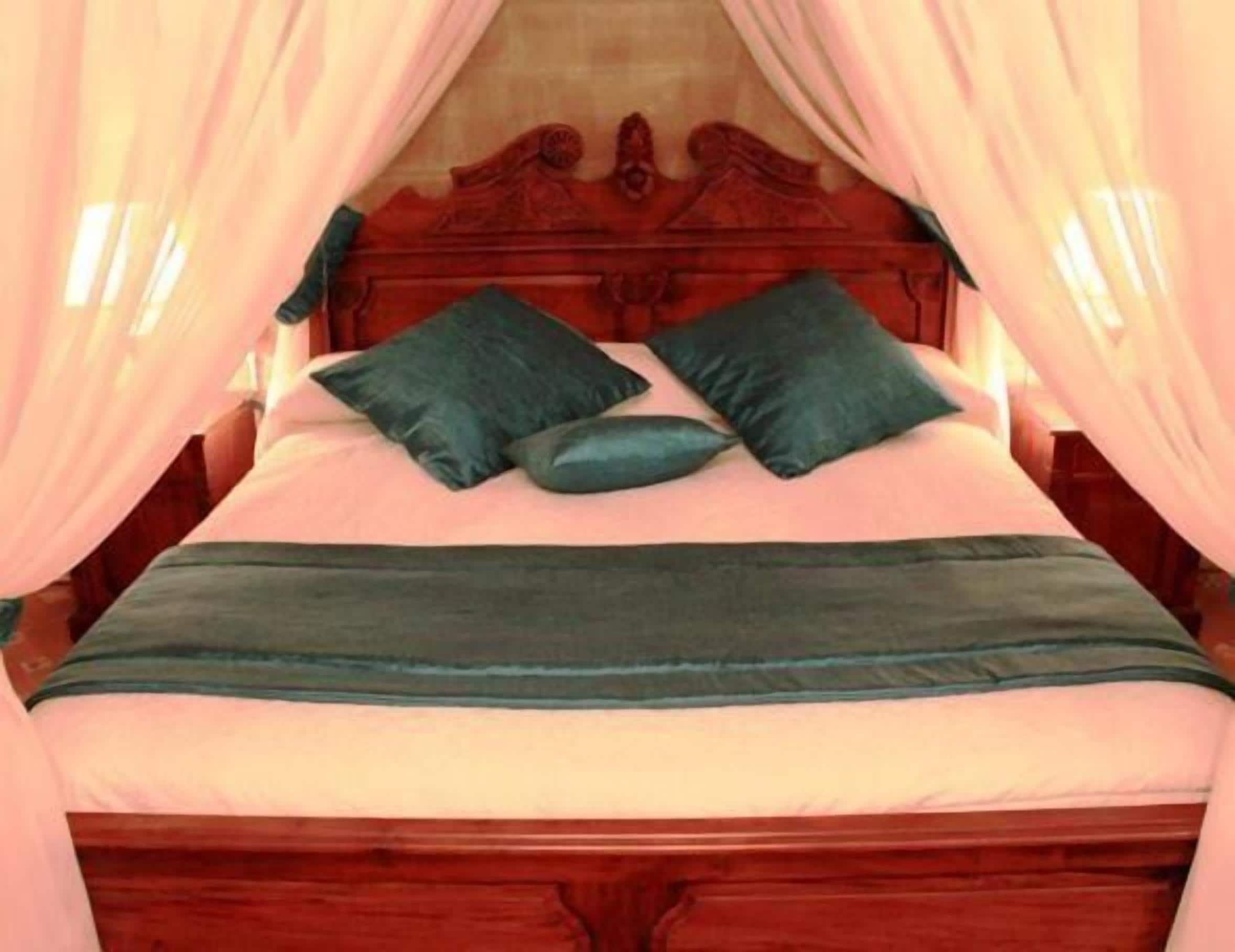 A bed with a wooden headboard, two pillows, and a canopy.