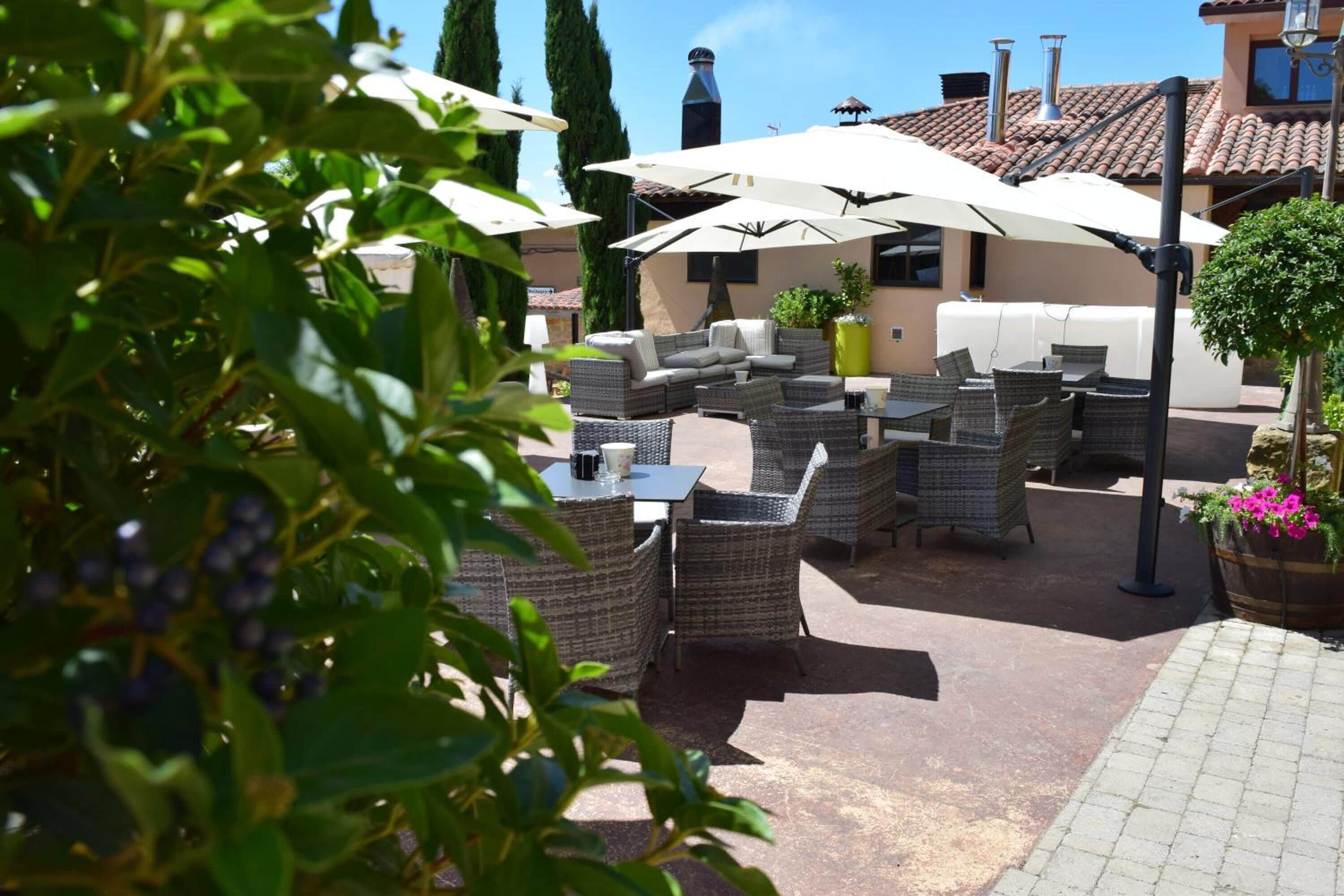 Un espace extérieur aménagé en terrasse, avec des meubles en osier, des parasols et des plantes en pot.