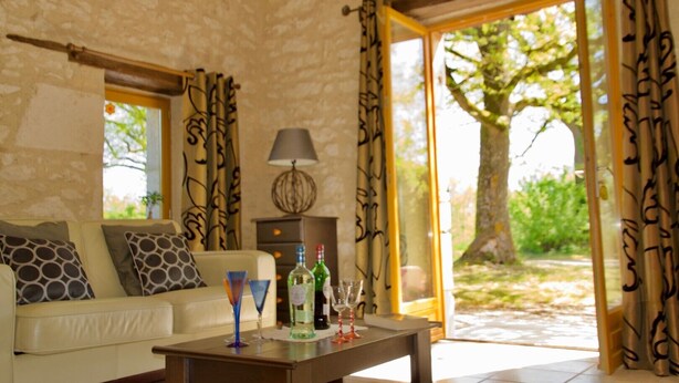 Un salon chaleureux avec un mur en pierre, un canapé agrémenté de coussins à motifs, une table basse avec des boissons, et une vue sur la verdure à travers des portes ouvertes.
