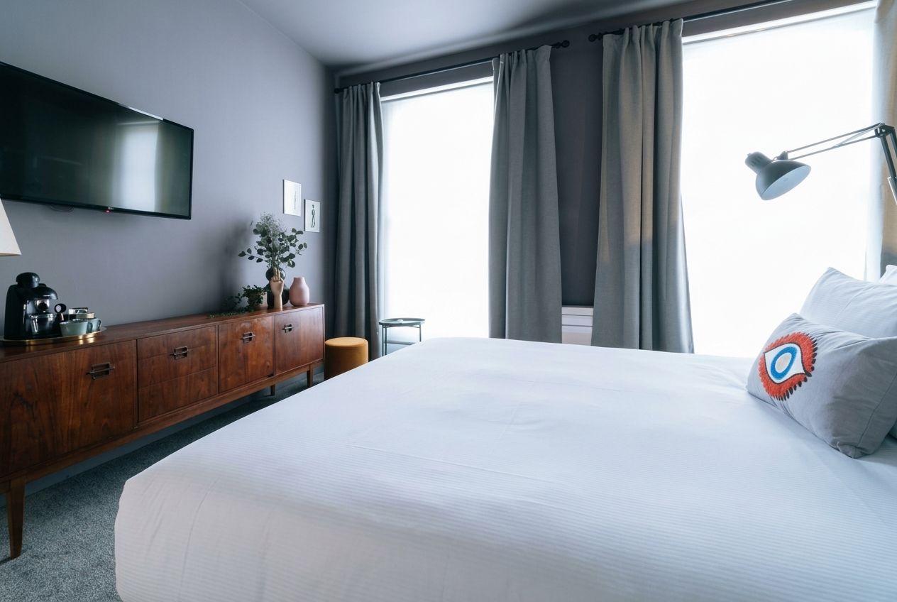 Hotellihuone, jossa on suuri sänky, seinälle asennettu taulutelevisio, puinen lipasto, työpöytä lampun kanssa ja ikkuna, jossa on verhot.