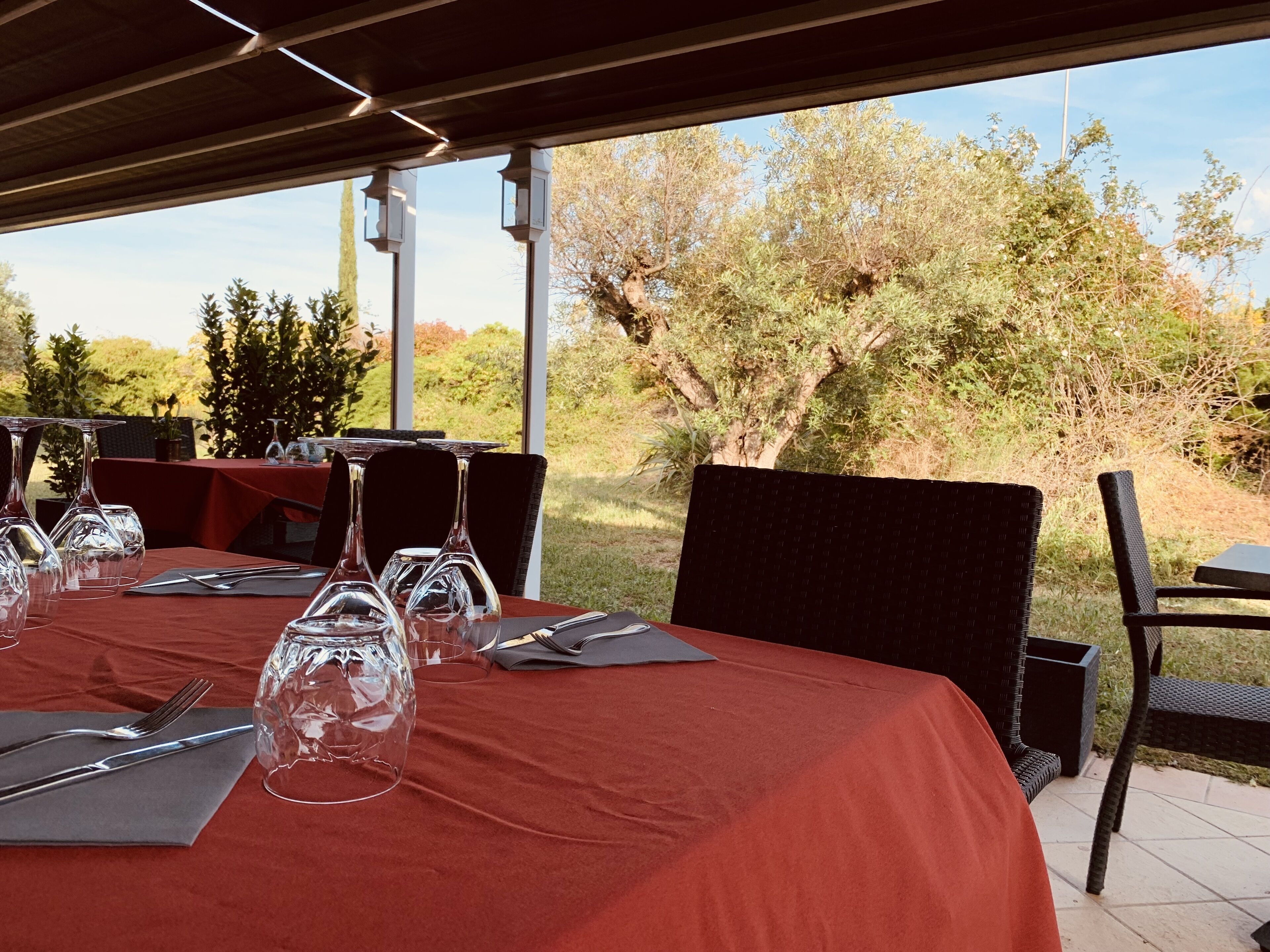 An outdoor dining area with a table set for six, surrounded by chairs and a pergola overhead.