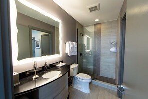A modern bathroom with a large mirror, a sink, a toilet, and a glass-enclosed shower. - Holiday Inn Club Vacations New Orleans Resort by IHG (New Orleans)
