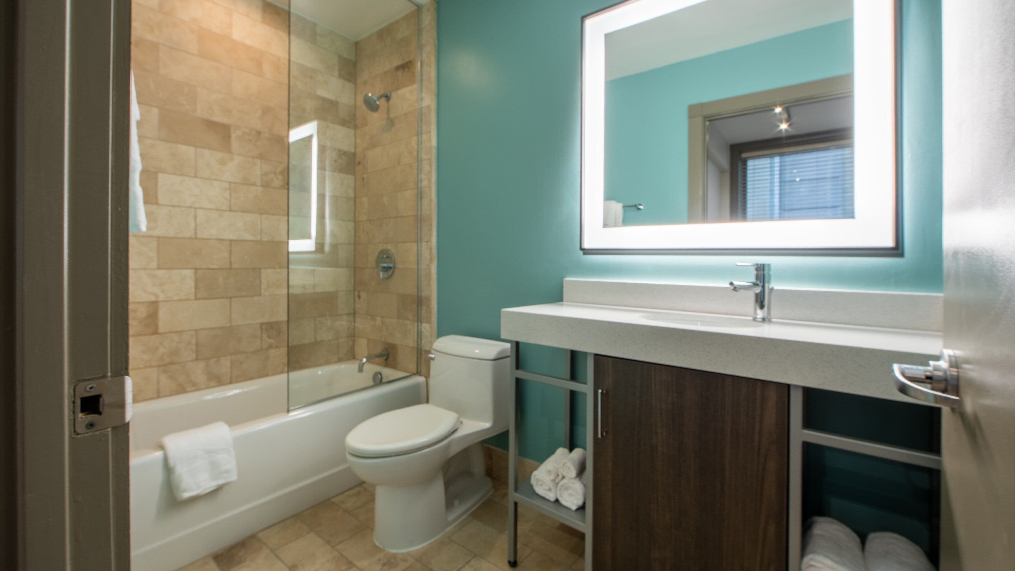 combined shower/bathtub, hair dryer, towels