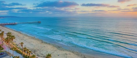 Una playa con un muelle que se adentra en el agua, palmeras bordeando la orilla y un cielo despejado.