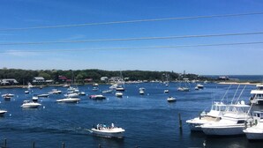 Un port de plaisance où sont amarrés de nombreux bateaux, un ciel bleu azur et une côte lointaine parsemée de bâtiments.