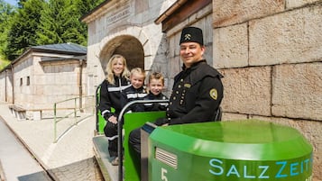 Un tramway vert portant le numéro 5, une arche en pierre et une personne en uniforme.