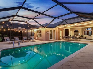 Outdoor pool, a heated pool, pool loungers