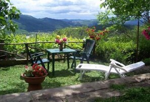 Une terrasse avec une table et des chaises, entourée d’une végétation luxuriante et dominée par un paysage montagneux.