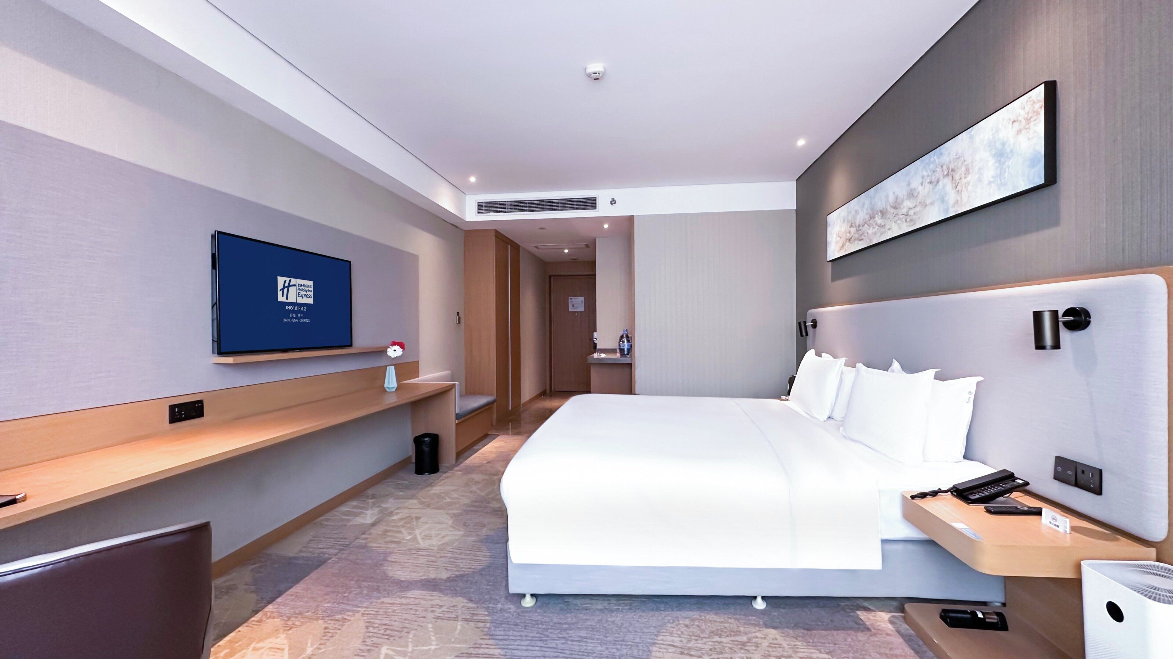 A modern hotel room with a large bed, a flat-screen TV mounted on the wall, a bedside table with a lamp, and a small trash bin.