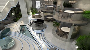 A modern interior with multiple seating areas, a central pool, and a staircase. - Holiday Inn Express Liaocheng Chiping by IHG (Liaocheng)