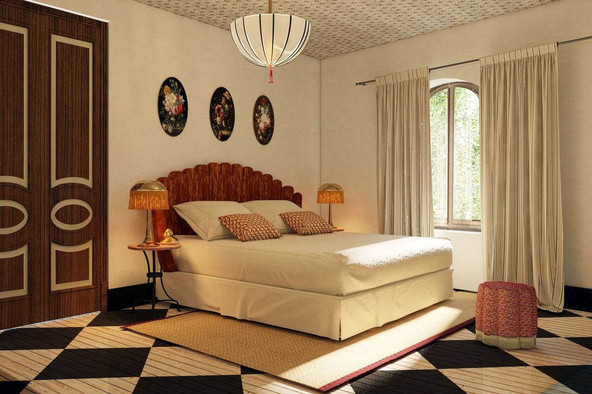 A bedroom with a large bed, two wall-mounted lamps, a window with curtains, and a checkered floor.