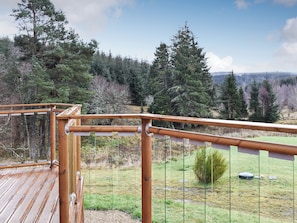 Une terrasse en bois avec une rambarde en métal, donnant sur une zone herbeuse bordée d’arbres.