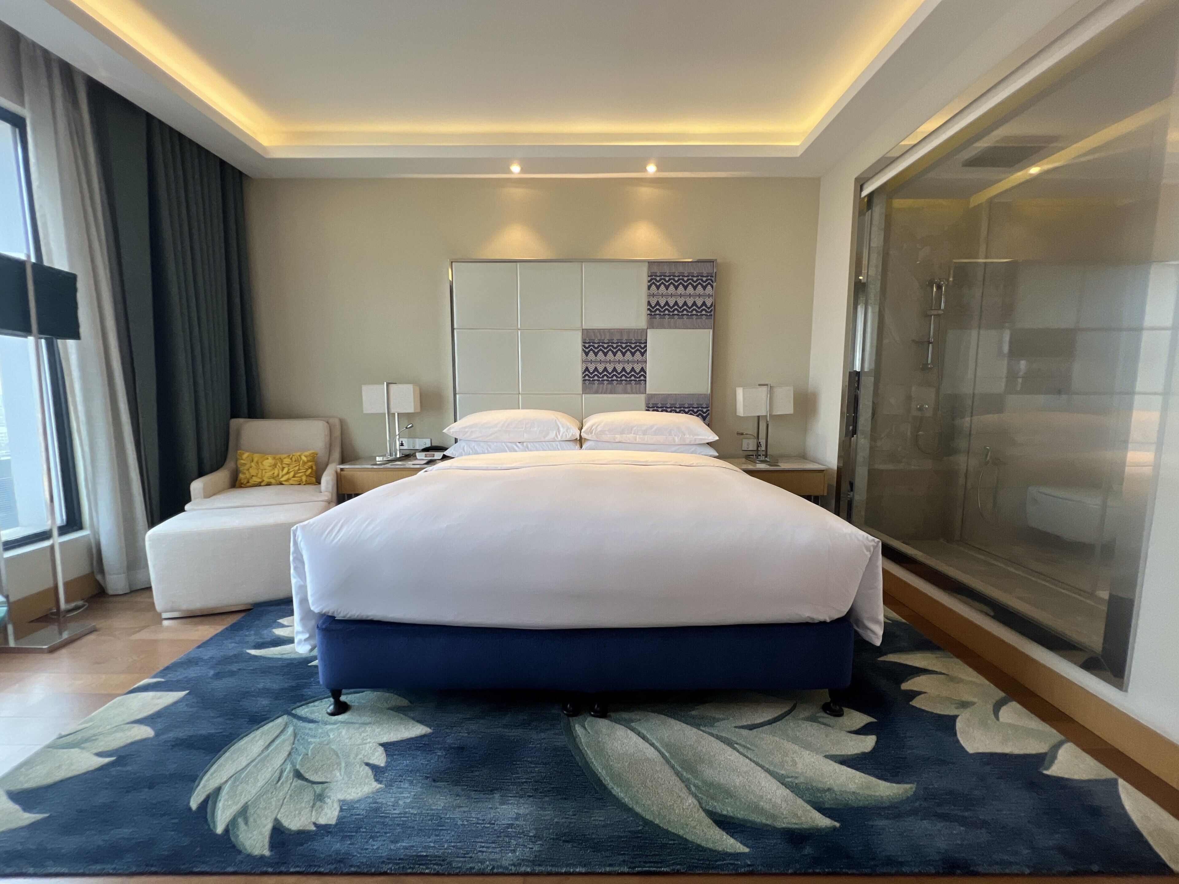 A modern hotel room with a large bed, a seating area with a chair, a glass-enclosed shower, and a large window with curtains.