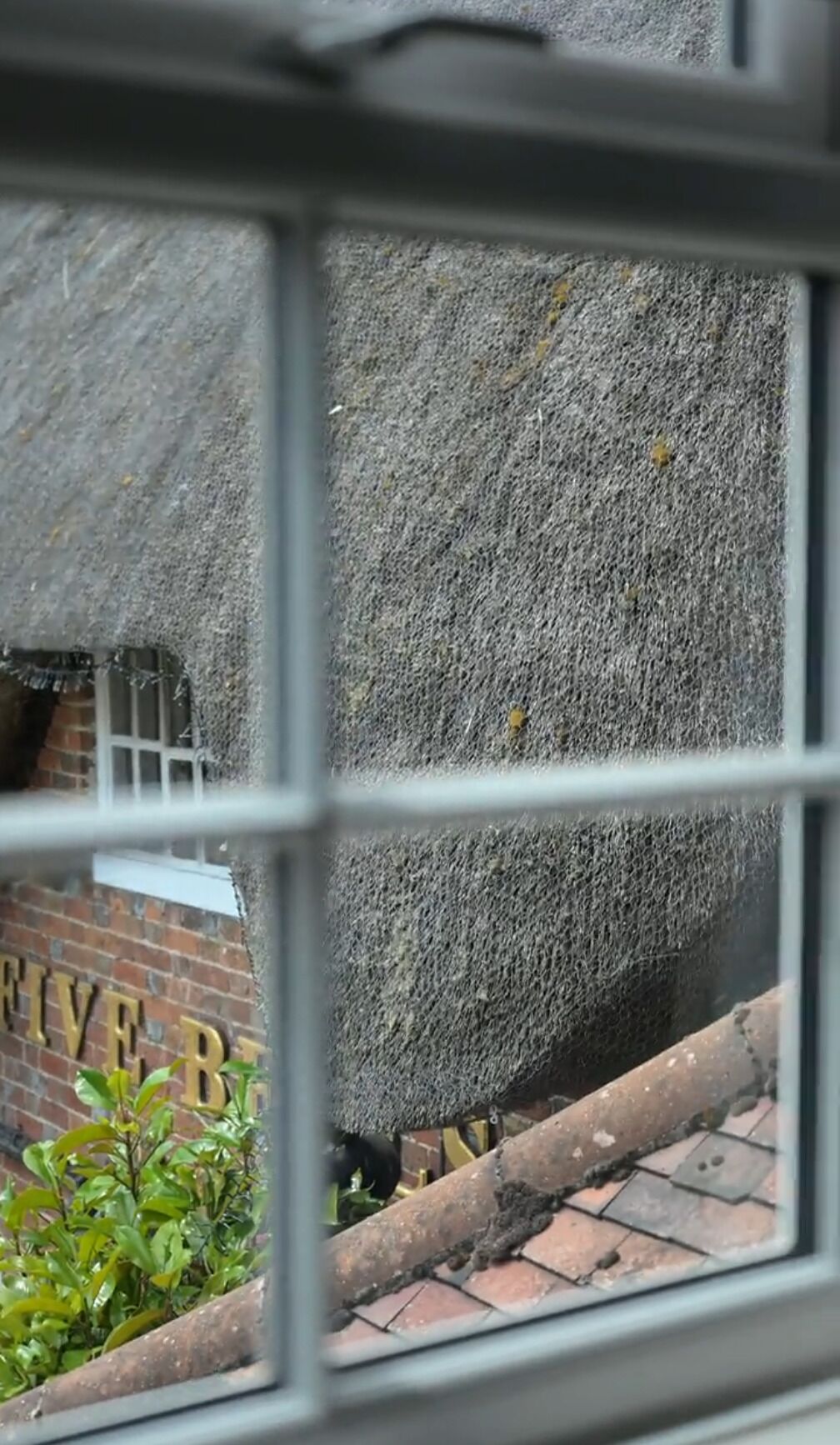 A window view of a brick building with a thatched roof and a visible sign with the letters "FIVE".