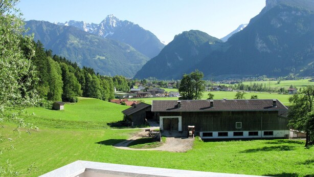 A rural landscape with a barn and a small house surrounded by green fields and mountains. - Beautiful apartment for 4 people with WIFI, TV and terrace (Ramsau Im Zillertal)