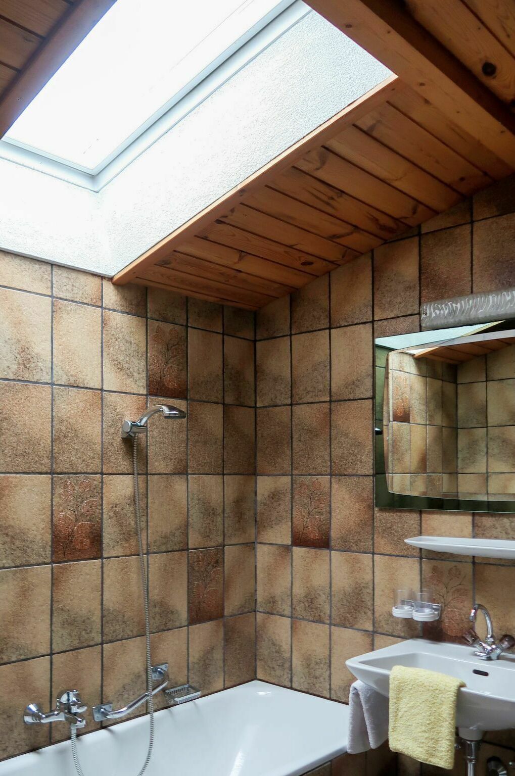 Une salle de bain avec un puits de lumière, une baignoire, une douche et un lavabo avec un miroir.