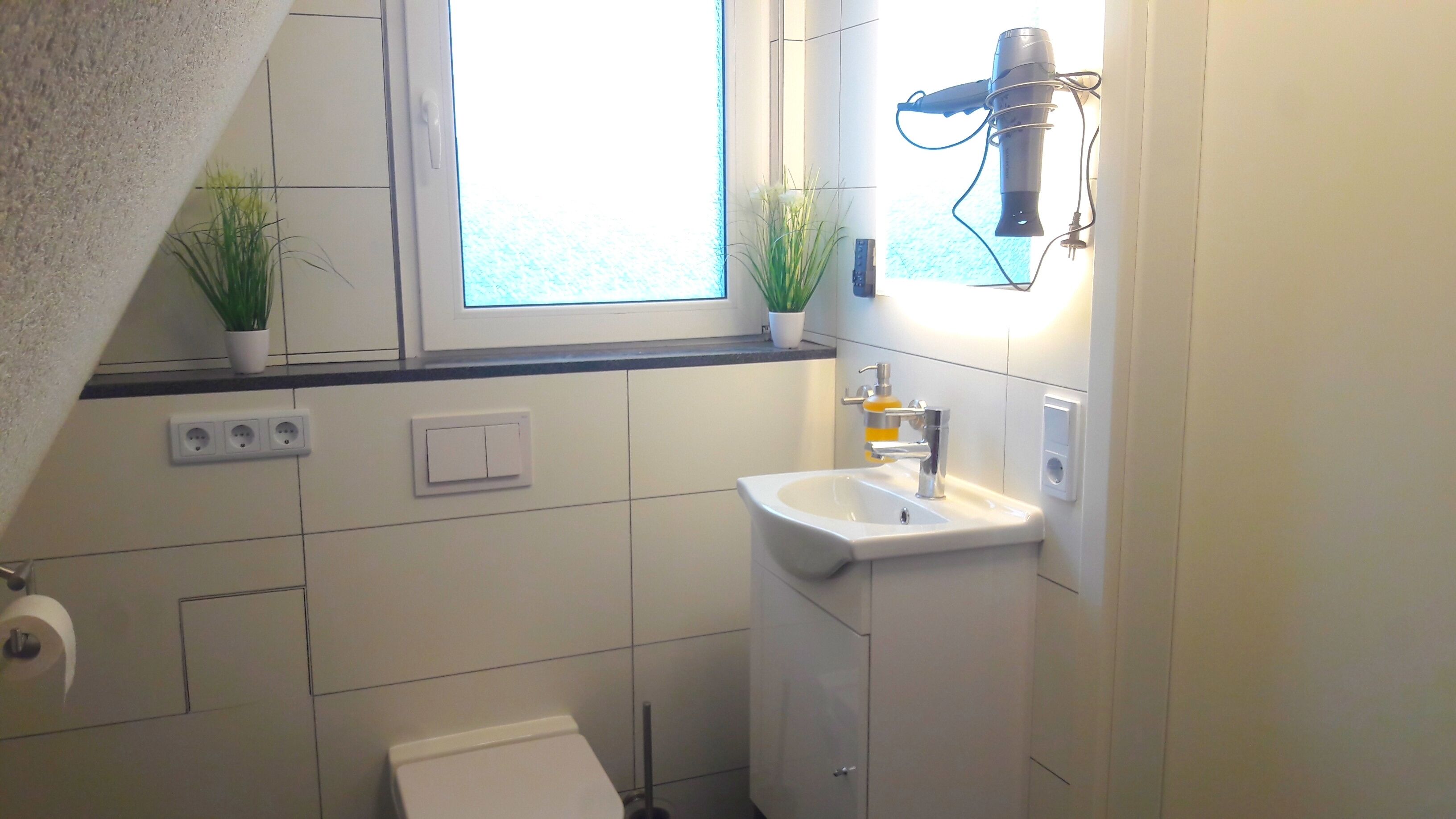 A small bathroom with a sink, a hairdryer, and two potted plants.