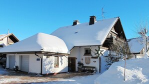 Ein mit Schnee bedecktes Haus mit Garage, Schornstein und einem kleinen Gartenbereich mit Topfpflanzen.