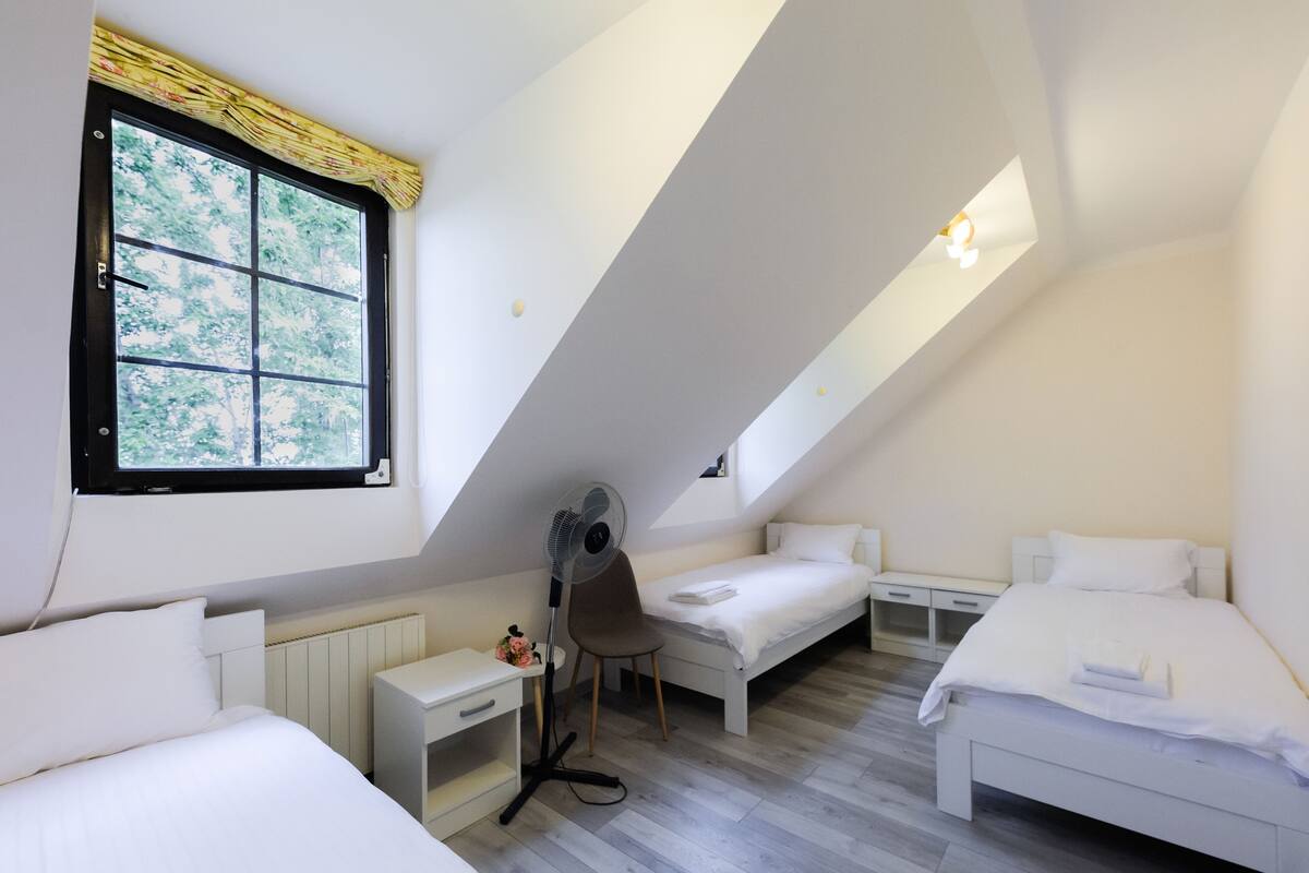A bedroom with two single beds, a desk, a chair, and a standing fan.