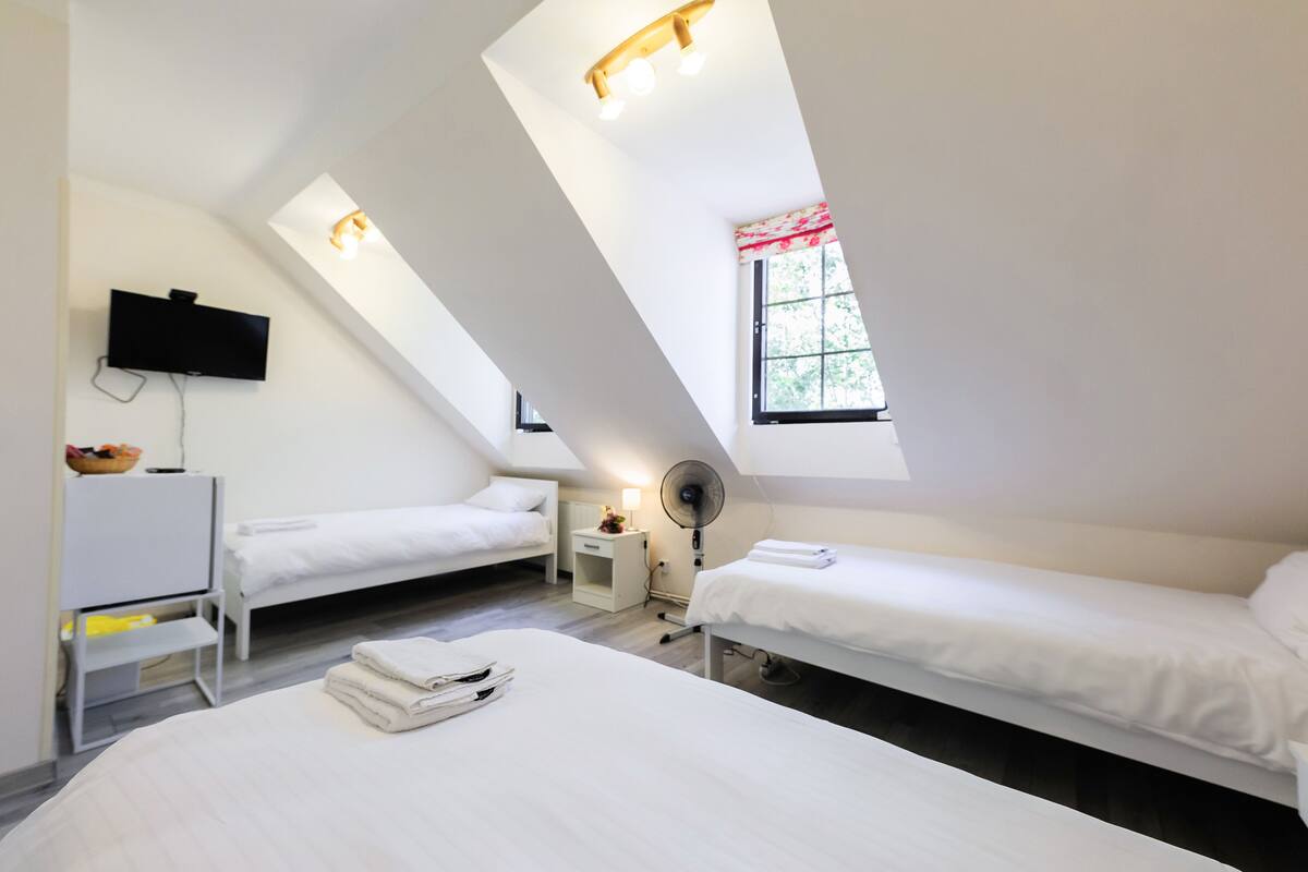 A small, modern room with two single beds, a desk, a flat-screen TV, a window with a red curtain, and a ceiling fan.
